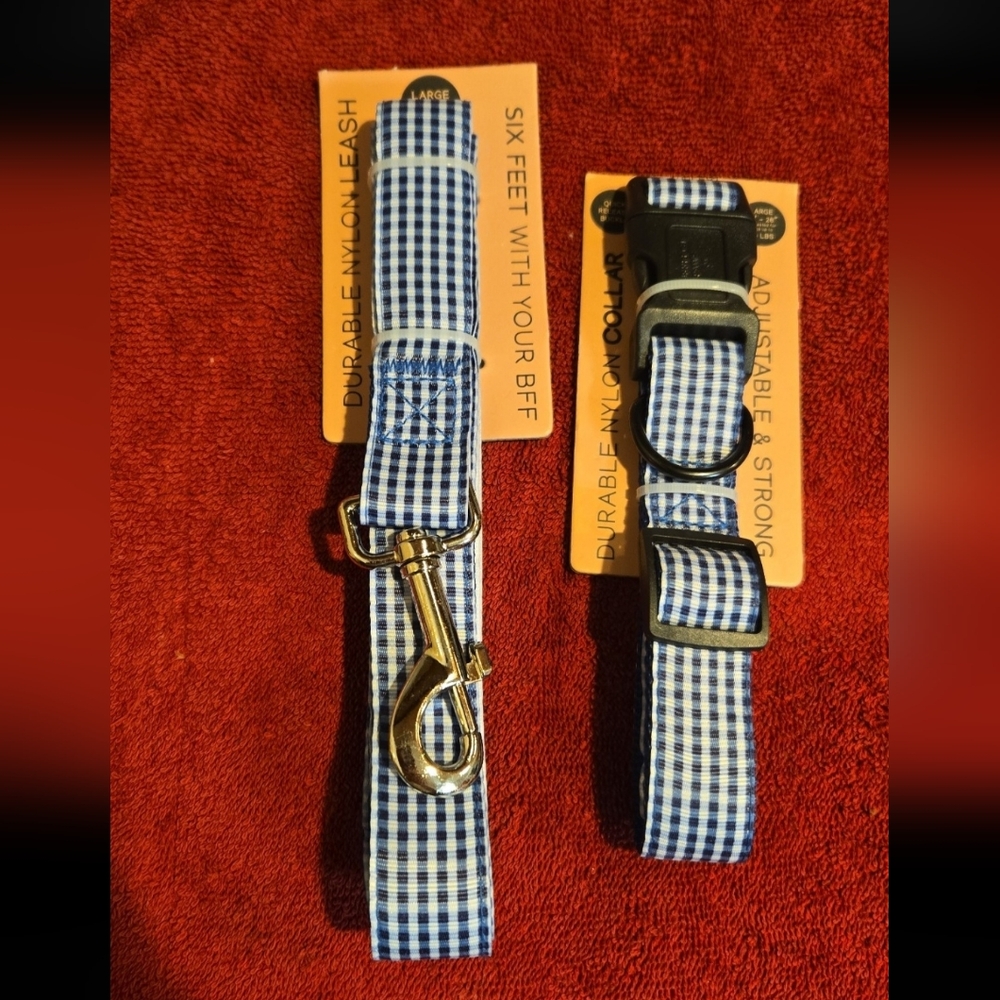 Bath & Body Works Matching Blue Gingham DOG Collar & Leash - size LARGE *NWTS*